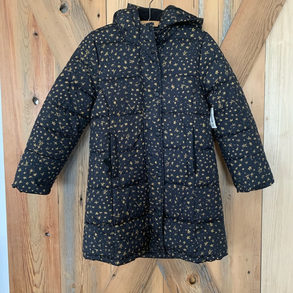 Amazon Essentials winter jacket, girls size M, black with gold stars. New